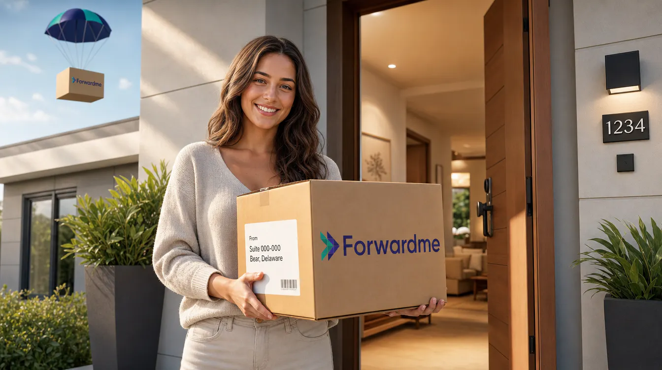 A smiling young woman holds a Forwardme package at her front doorstep, home door open behind her — the moment your international order arrives.