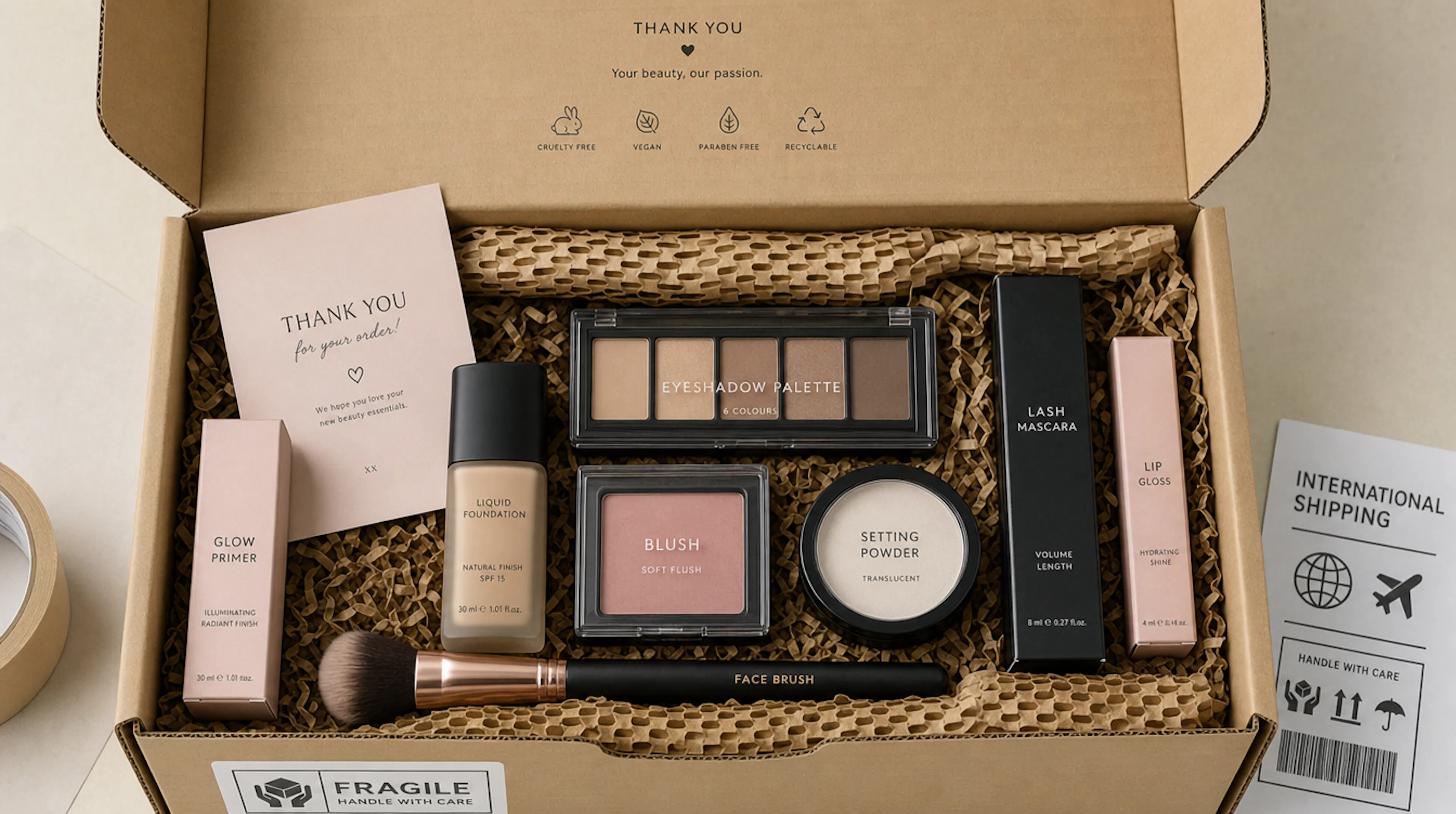 An open cardboard box neatly filled with cosmetics including liquid foundation, blush, eyeshadow palette, mascara, setting powder, primer, lip gloss, and a makeup brush.
