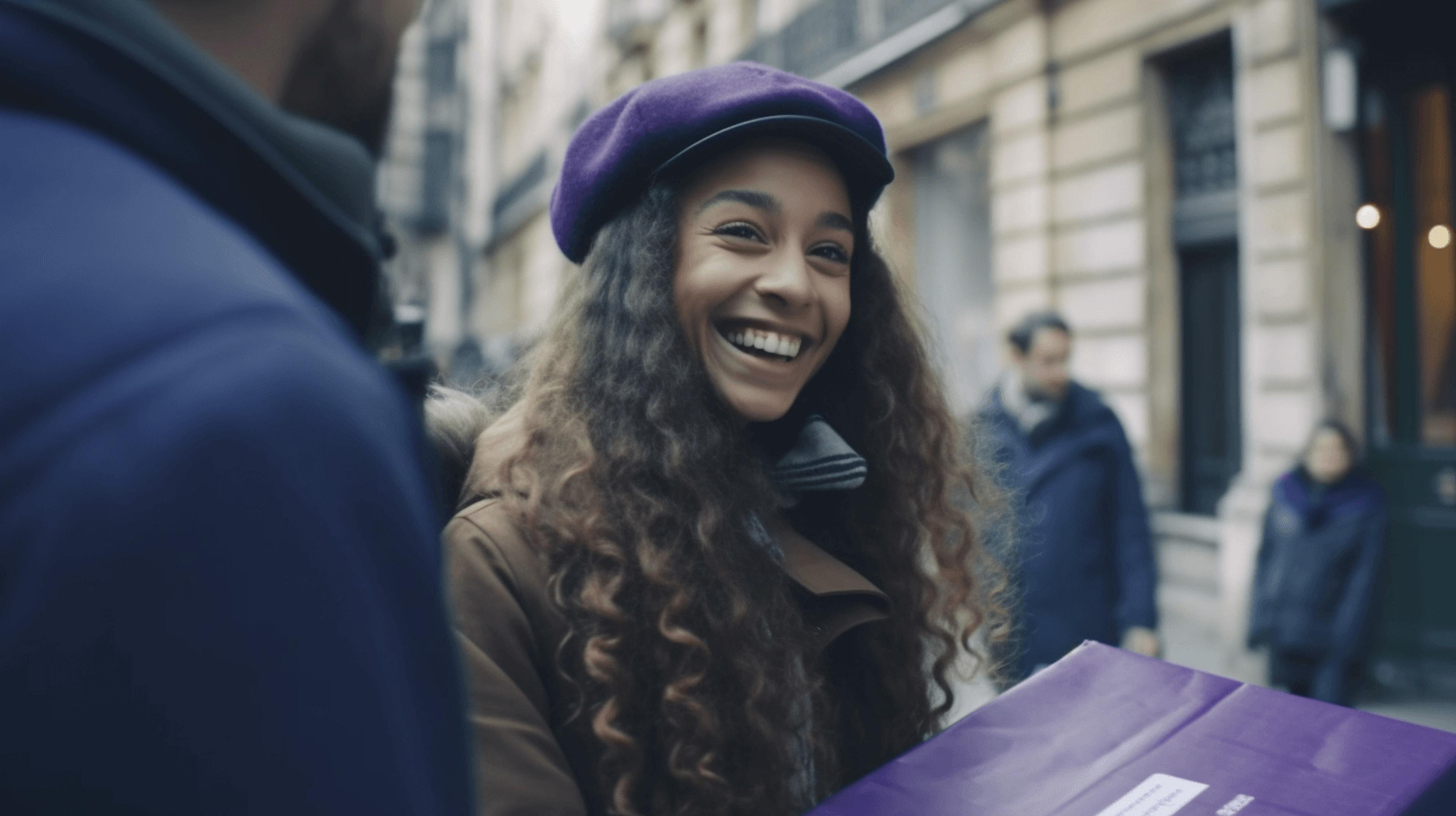 a woman wearing a hat with a purple package and a young gentleman holding it