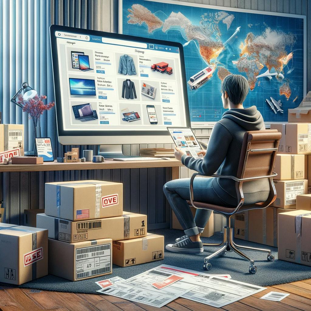 a person at a computer, a pile of purchased items ready for shipping, and a background showing international shipping routes.