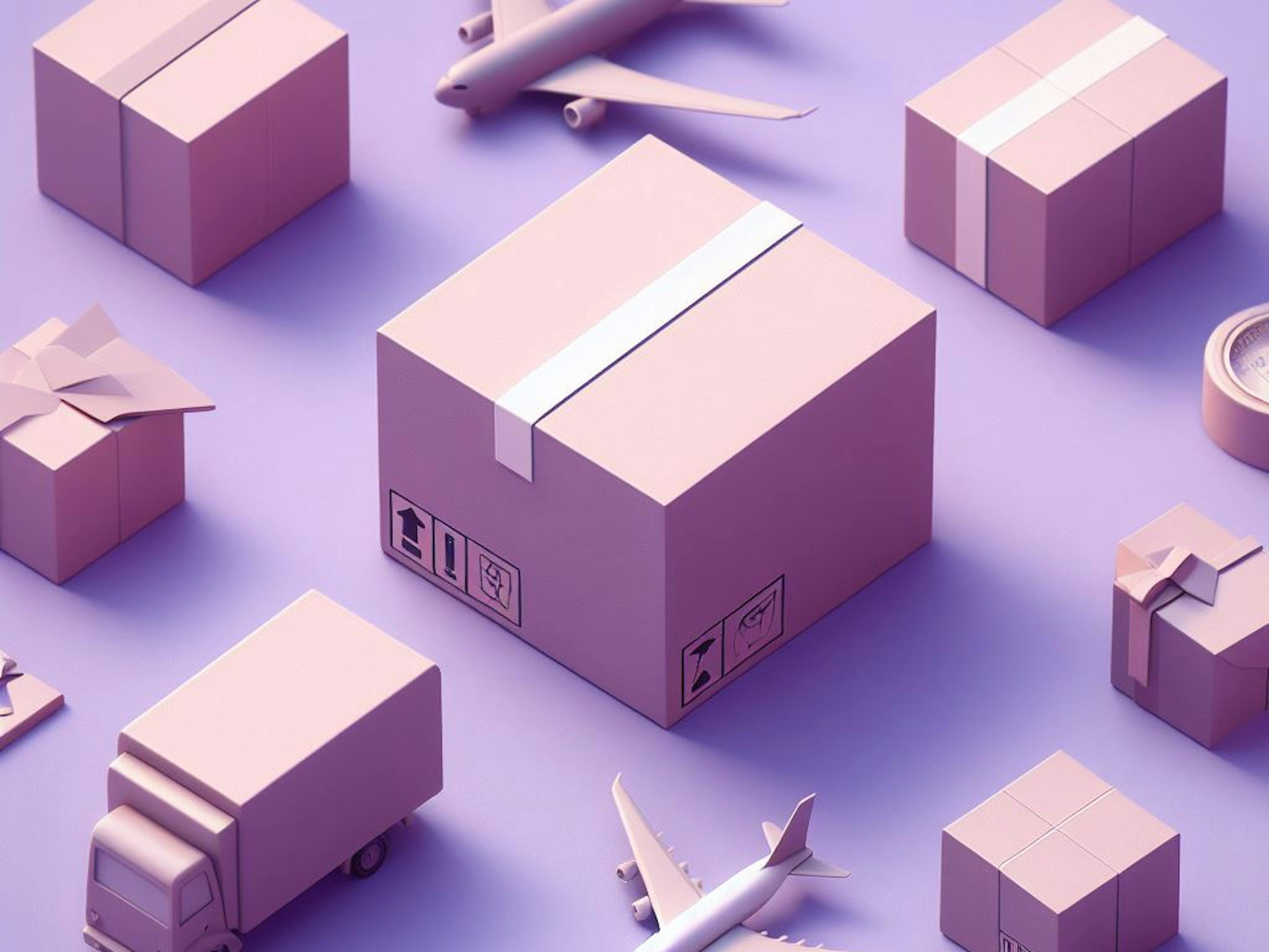 Shipping packages and airplanes on a purple background. 