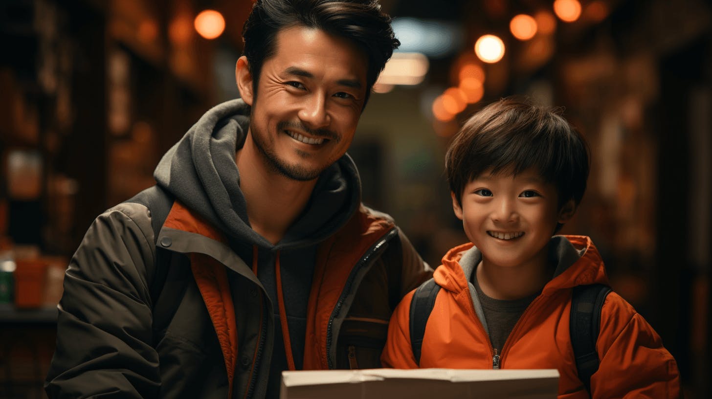 chinese man and child in an orange jacket hold a box