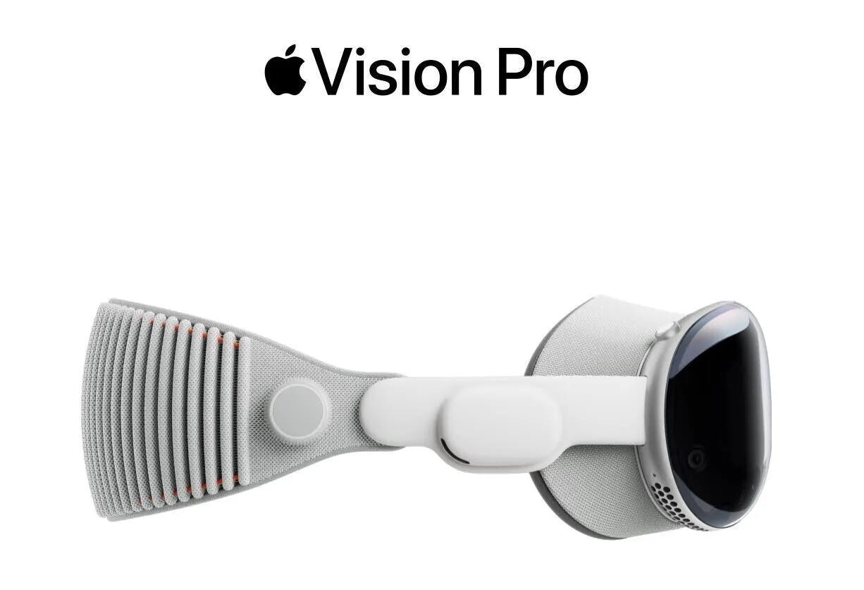 Apple's Vision Pro on a white background on side perspective, with Apple log on top. 