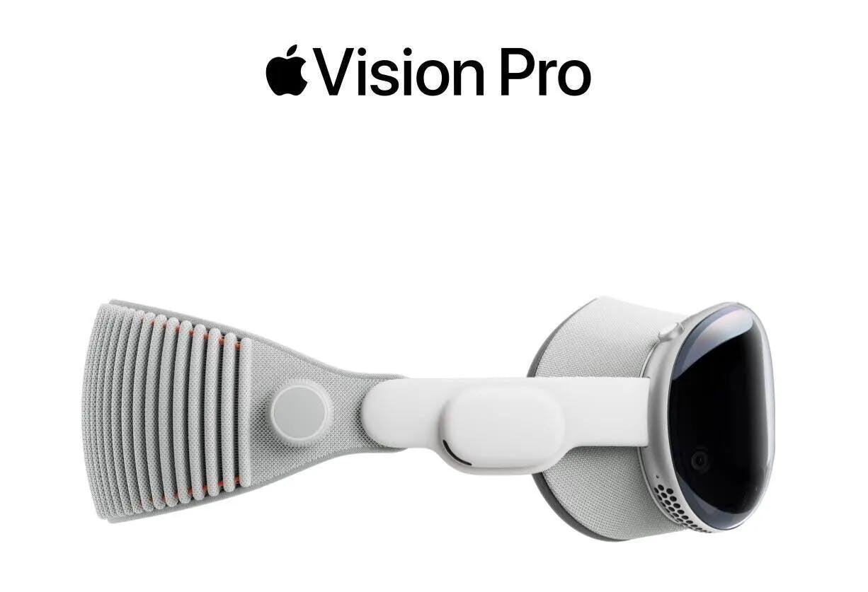 Apple's Vision Pro on a white background on side perspective, with Apple log on top. Apple's Vision Pro on a white background on side perspective, with Apple log on top.