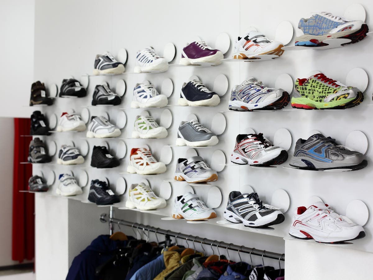 A wall of cool shoes. 