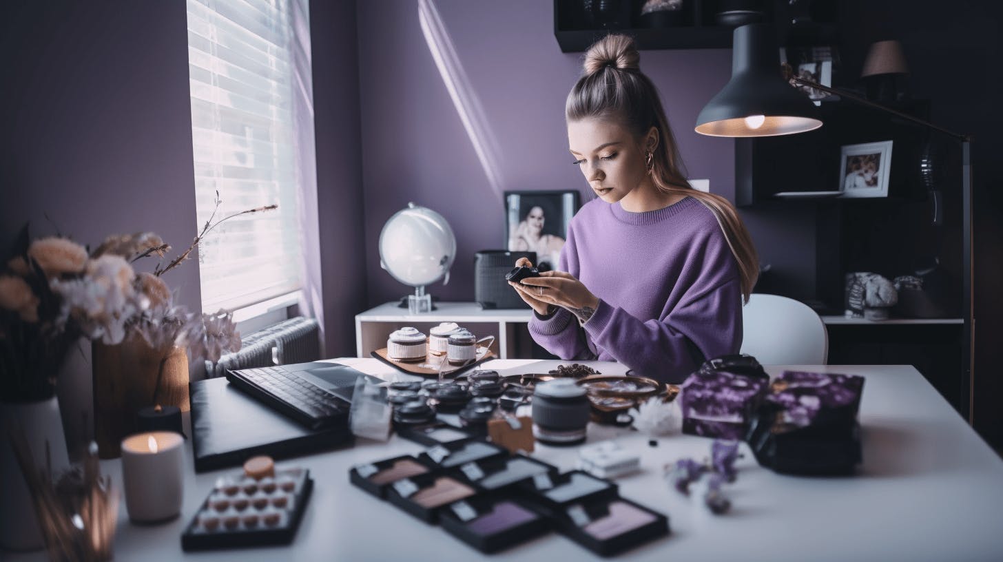 A girl examining her makeup item on a table in a room with purple lighting