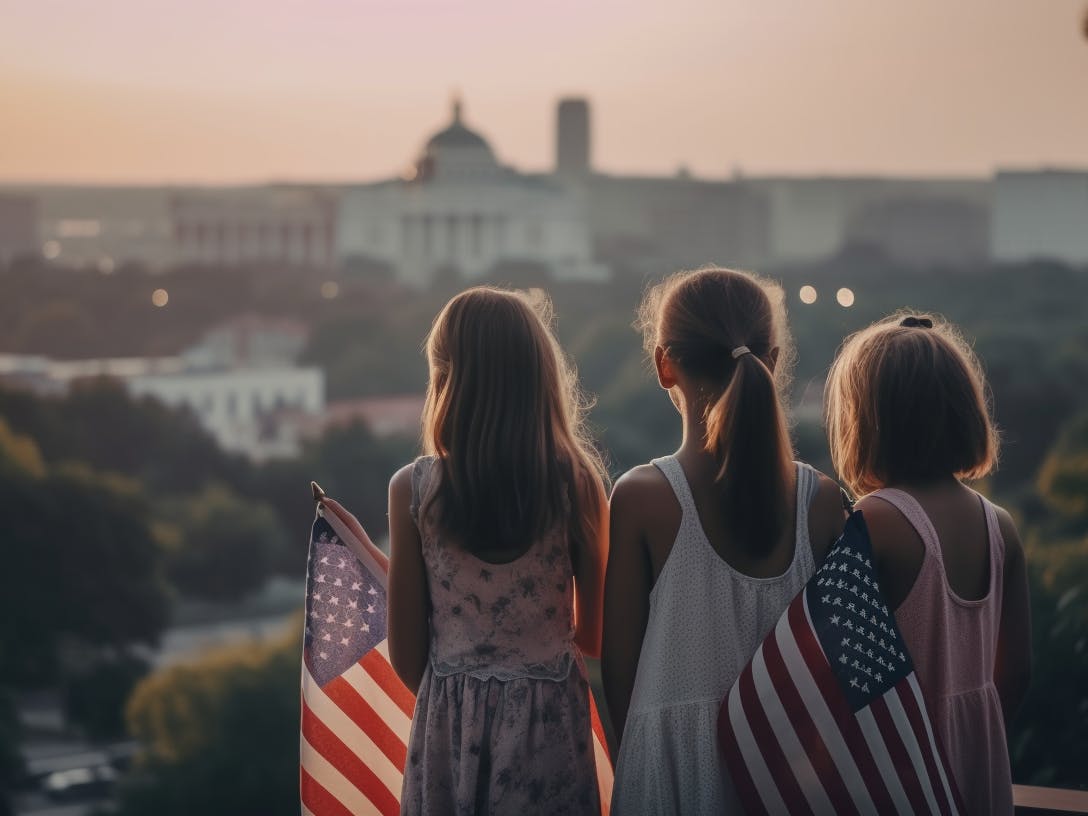 2 girls and 2 boys are in action, celebrate 4th of July, united states, the are holding usa flags in hands, afternoon, city view