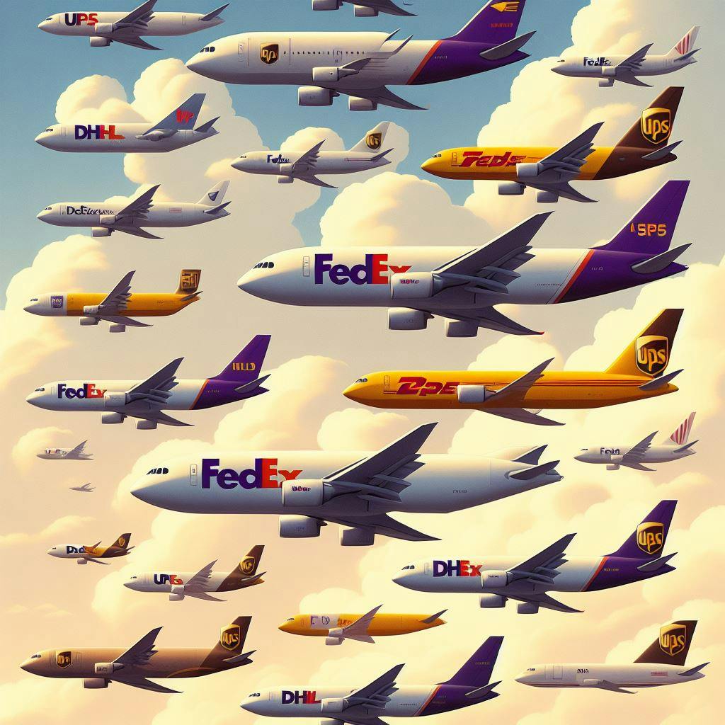 A bunch of airplanes that belongs to courier companies flying in a clear sky. 