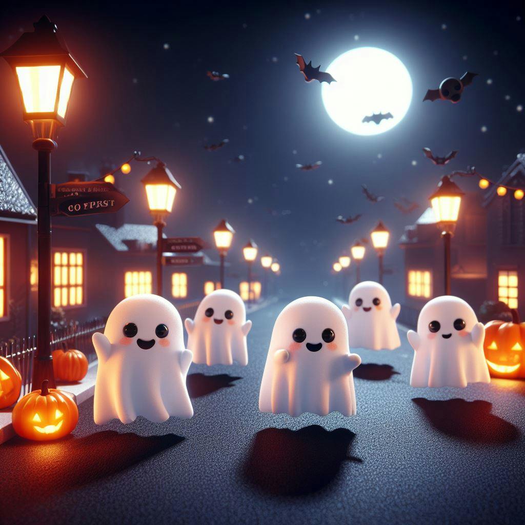 Ghosts roaming the city streets on full moon with Halloween theme. 