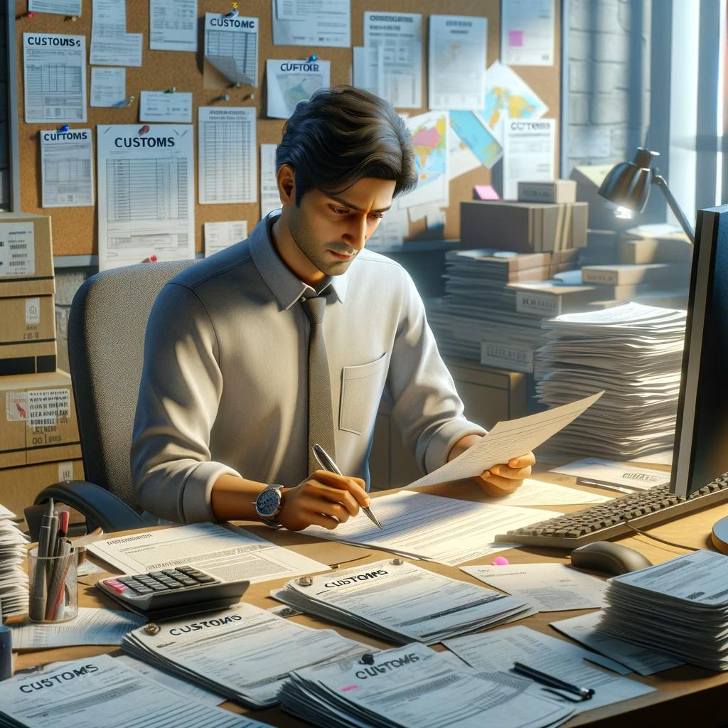 a South Asian male preparing paperwork for customs. a South Asian male preparing paperwork for customs.