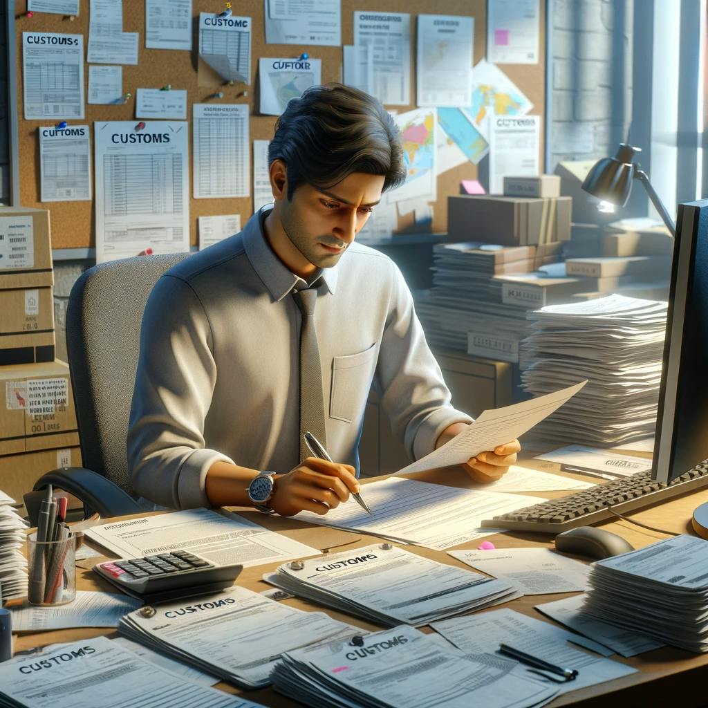 a South Asian male preparing paperwork for customs.