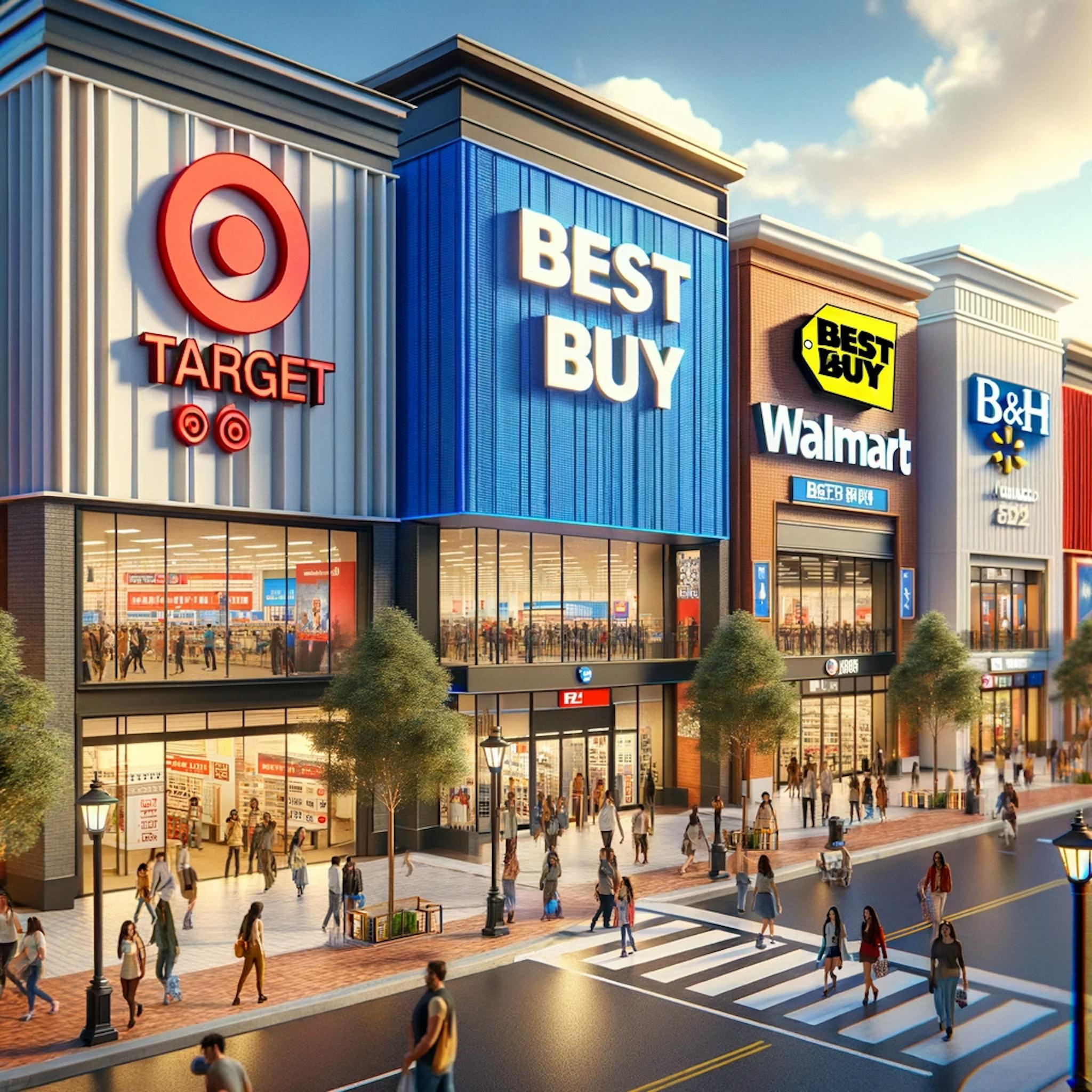 modern shopping district with major retailers Target, Best Buy, Walmart, and B&H Photo