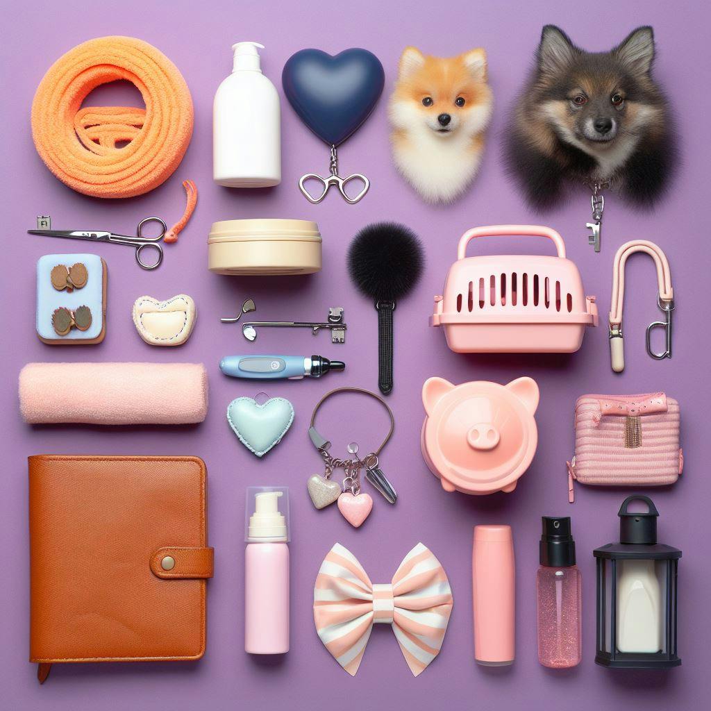 Different kinds of pet related items on a purple background. 