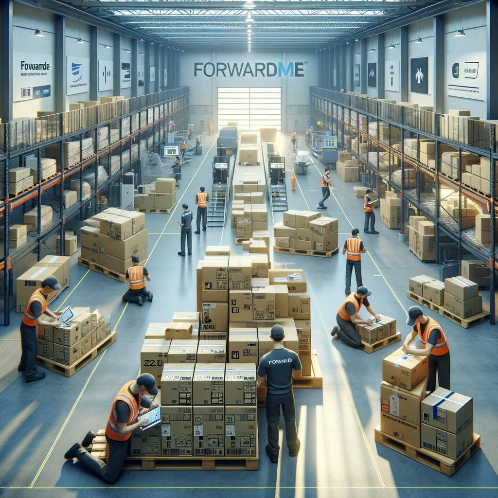 multiple packages being consolidated into one larger package for international shipping in a Forwardme warehouse multiple packages being consolidated into one larger package for international shipping in a Forwardme warehouse