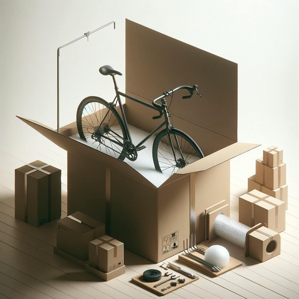 A bike in a shipping package. A bike in a shipping package.