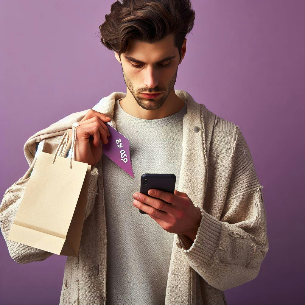A man holding a shopping package, and phone while looking for a discount code. 