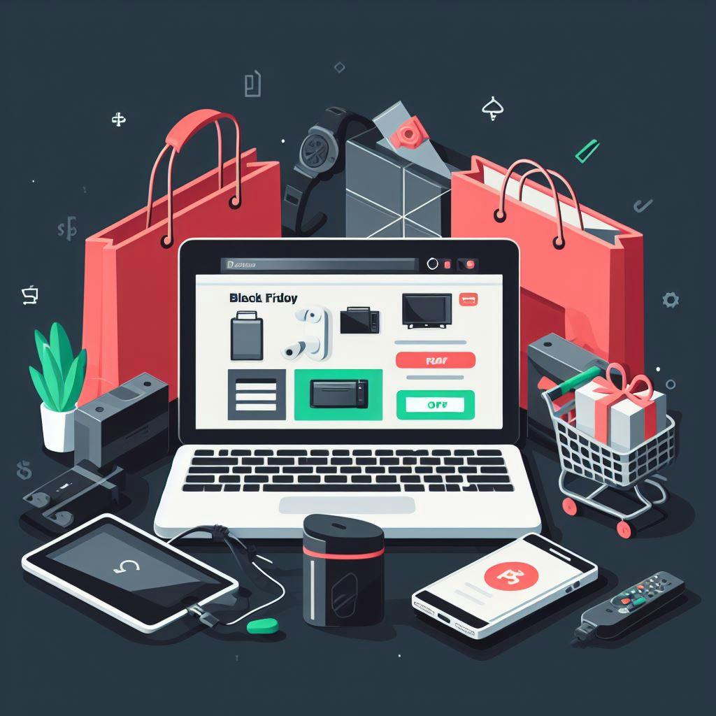 A laptop in the middle of the image with different online shopping related icons. A laptop in the middle of the image with different online shopping related icons.