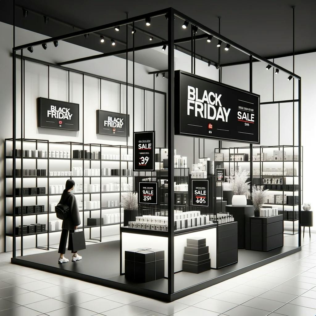 minimalist and realistic representation of Black Friday deals and sales in a modern shopping environment