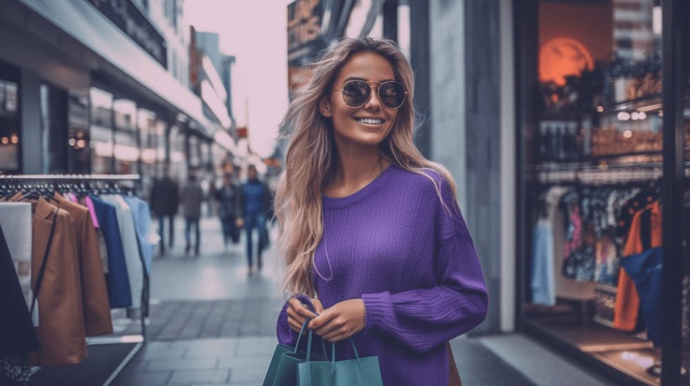 happy girl with purple sweater with bags in a shopping mall shopping, in the style of street-inspired