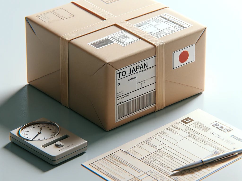 a package being shipped to Japan from the US, presented in a minimalist and realistic style with a focus on the details of the package and shipping process