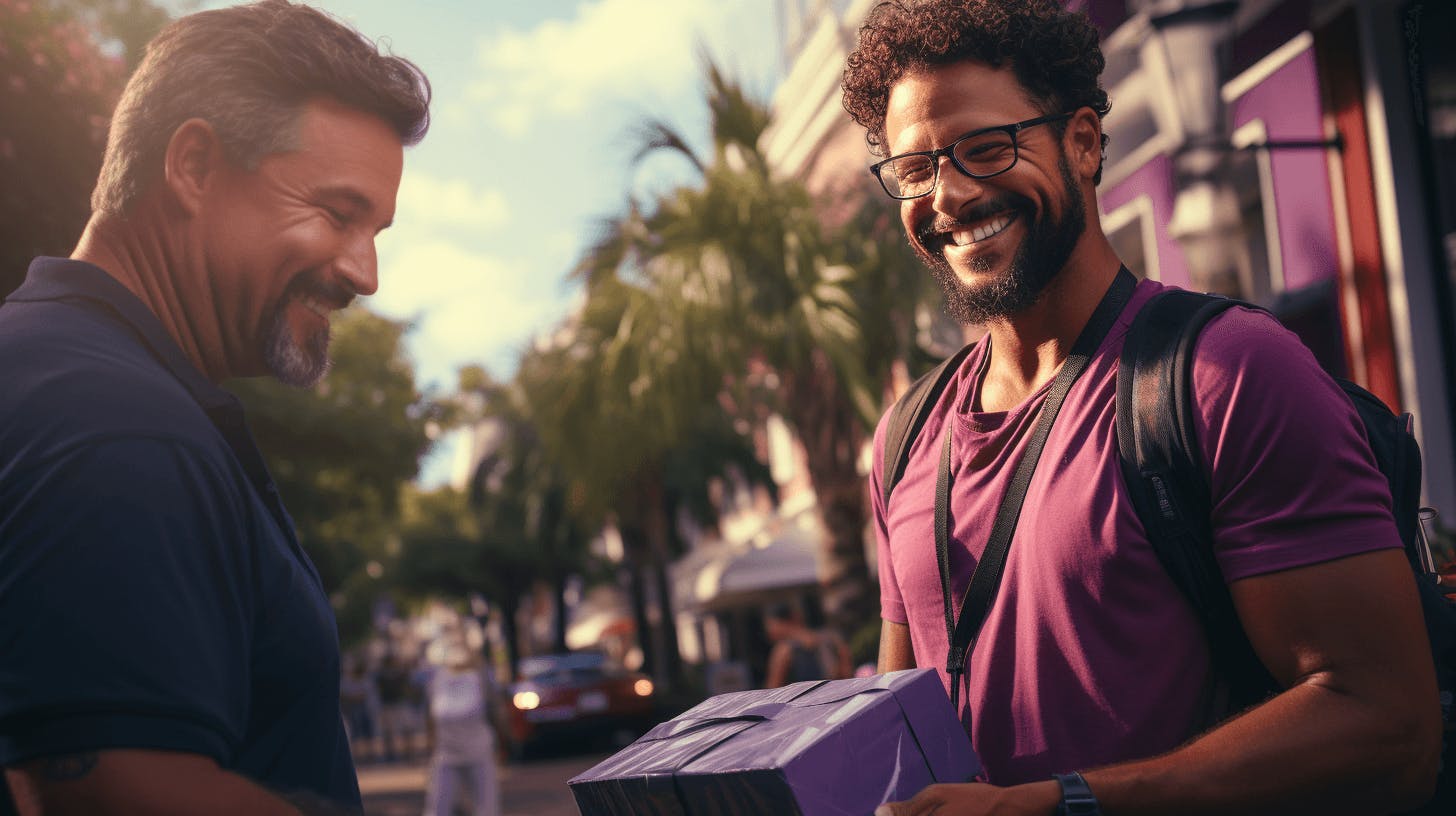 two men in the street laughing by a purple box, in the style of american consumer culture
