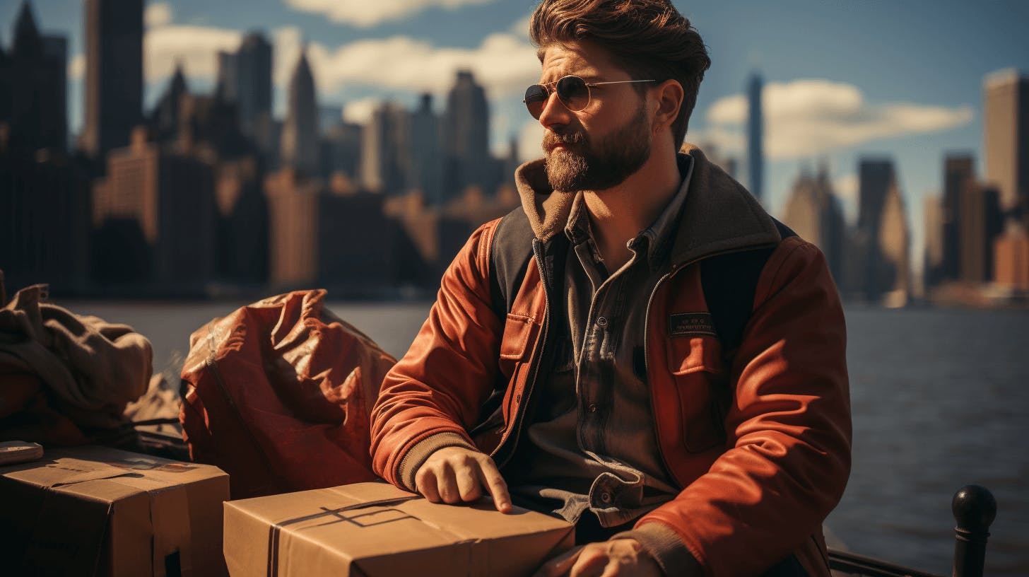 A handsome man holding a shipping package to deliver.