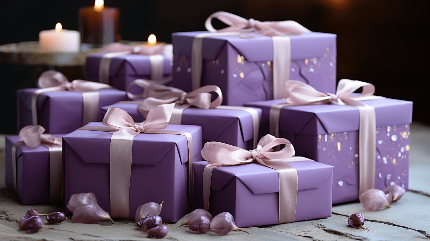 many purple gift boxes with ribbons around them, in the style of meticulous photorealistic still lifes