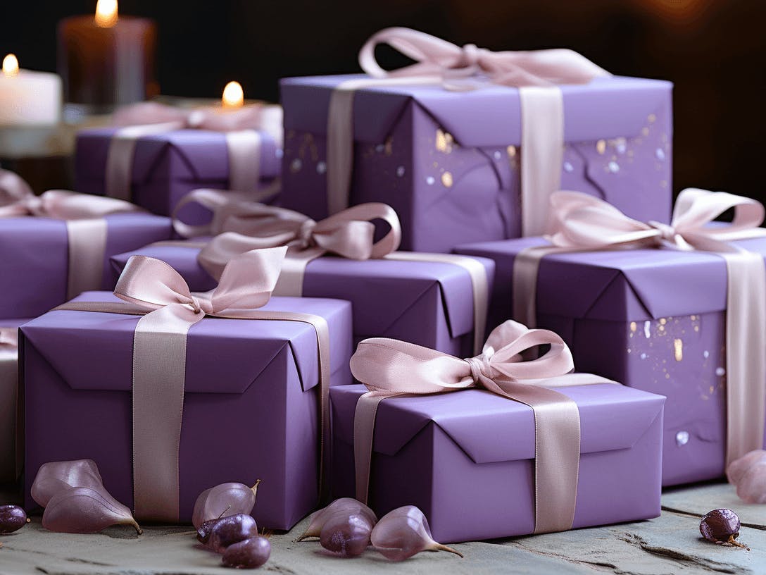 many purple gift boxes with ribbons around them, in the style of meticulous photorealistic still lifes