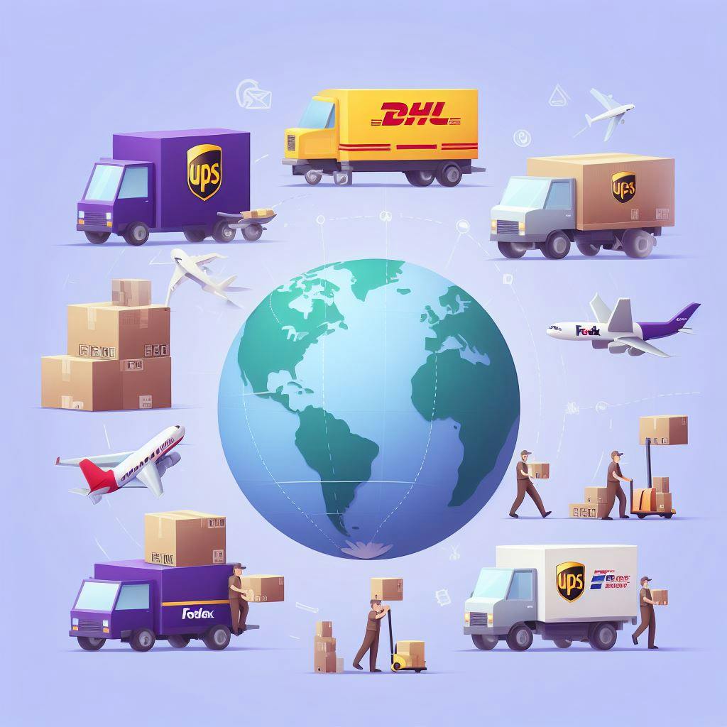 Different courier companies around the world with shipping packages. 