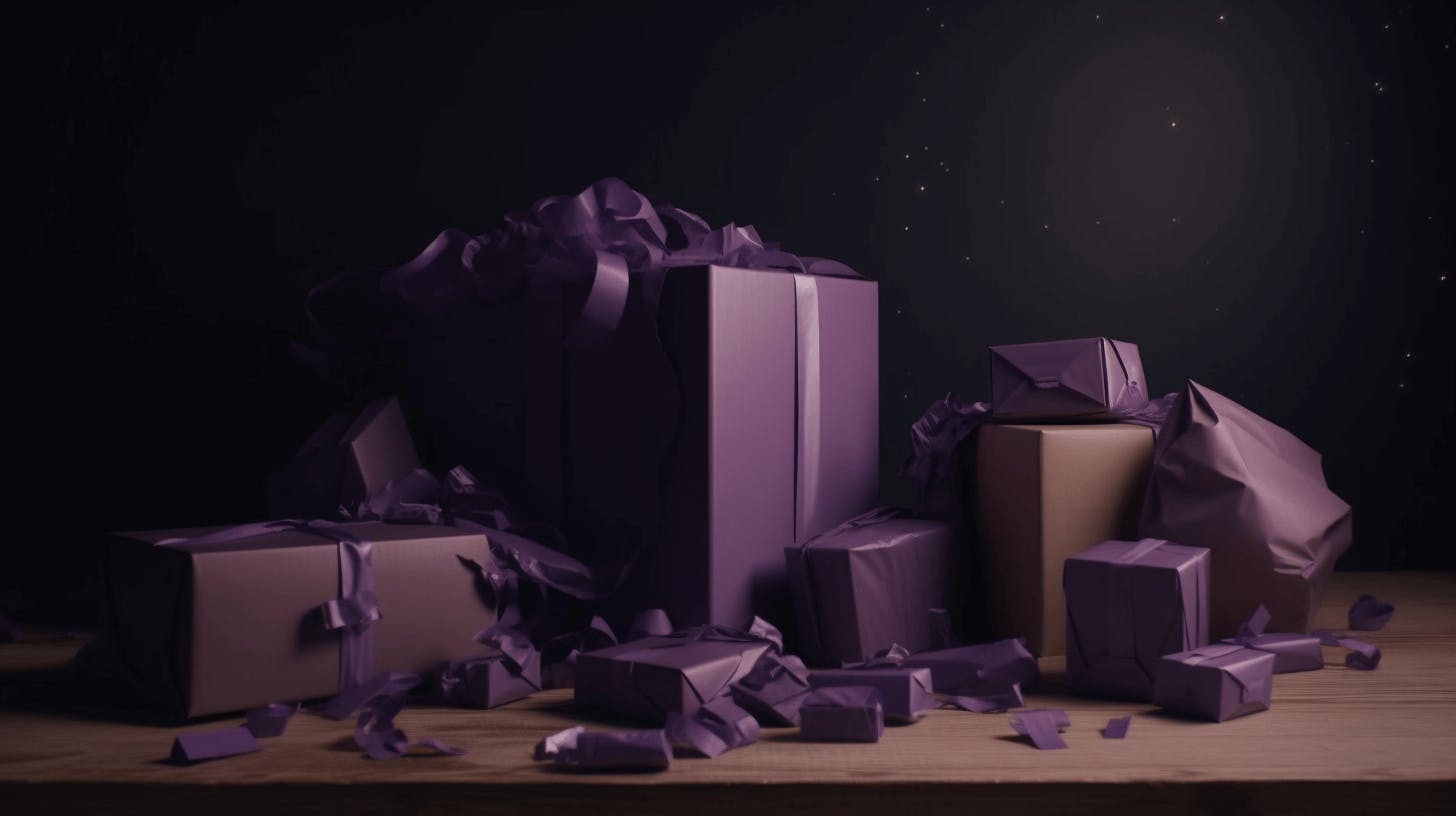 presents piled on a table against dark background, in the style of sketchfab, dark purple, 32k uhd, disintegrated, minimalist sets