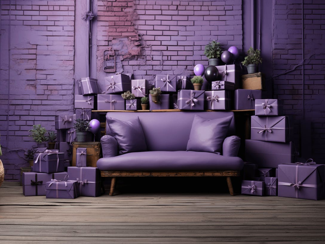 Purple packages around the sofa