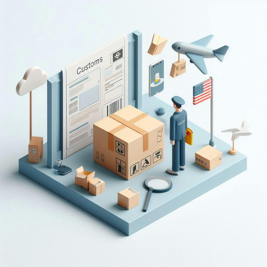 A shipping package between Customs written on a wall and a man next to US flag and focusing glass. A shipping package between Customs written on a wall and a man next to US flag and focusing glass.