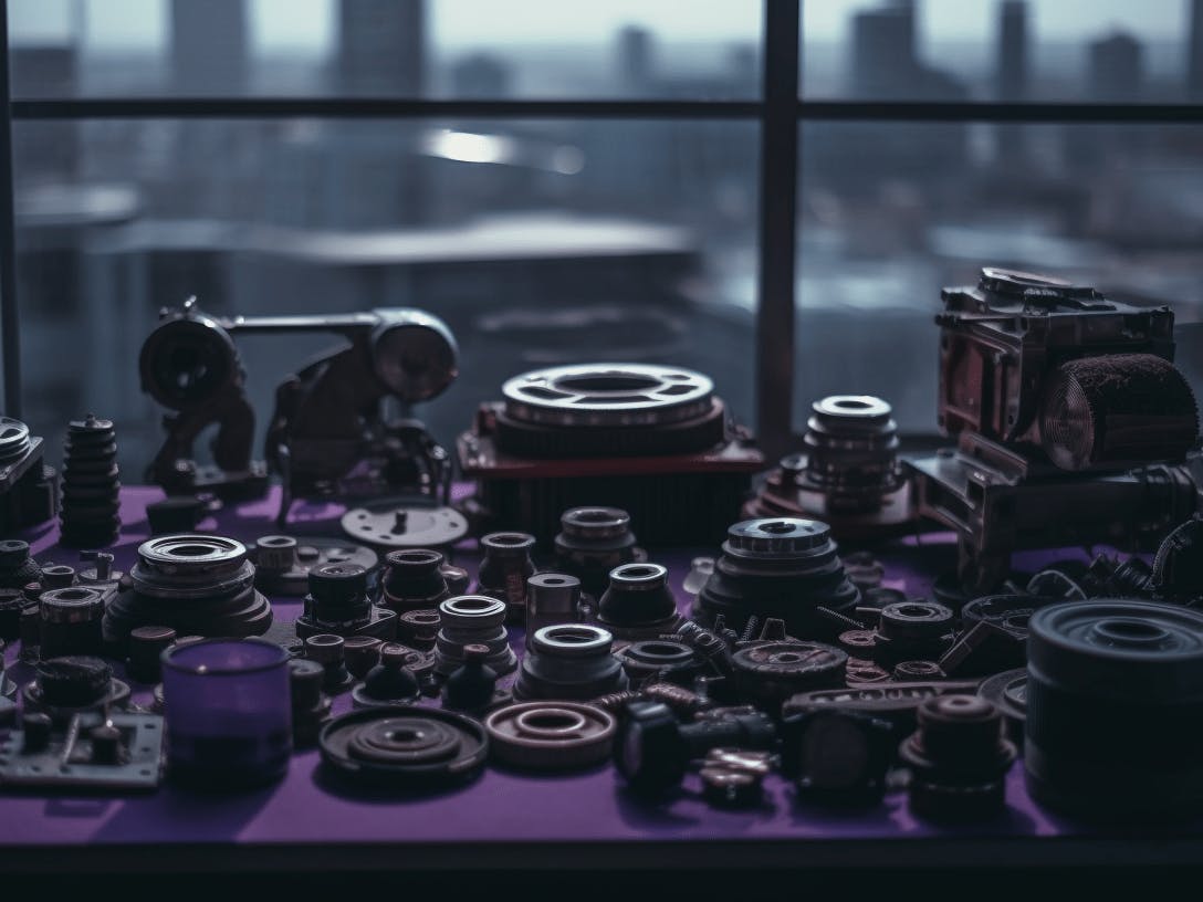 auto parts, buying auto parts, city view, purple tones, wide angle