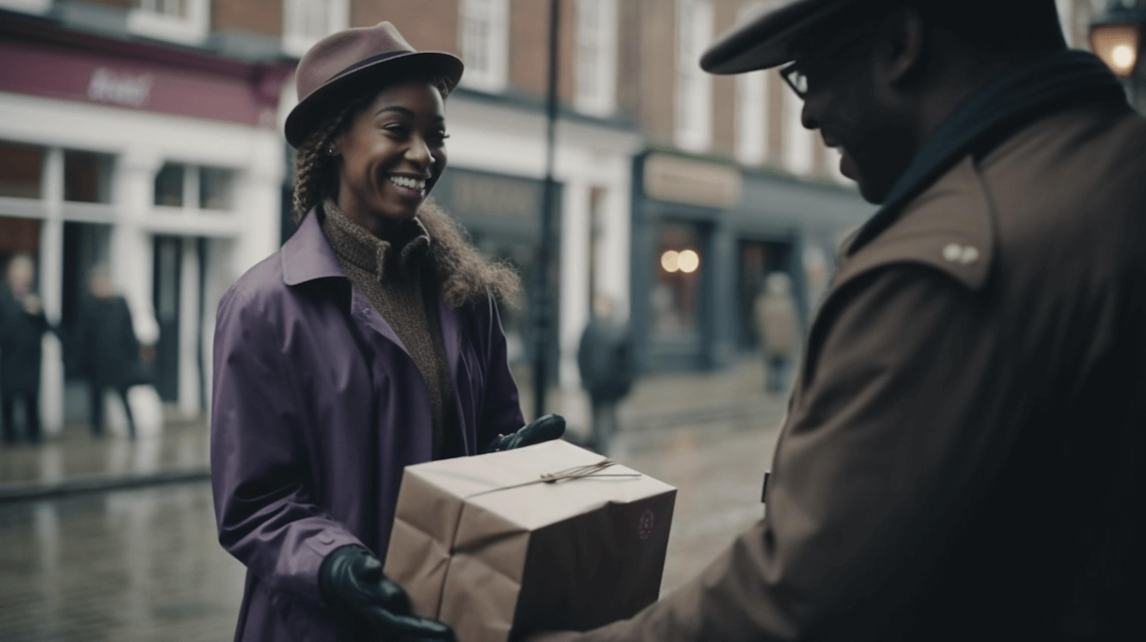 young african man giving a package to a woman in a rainy city, in the style of dark purple and dark brown, subtle monochromatic tones