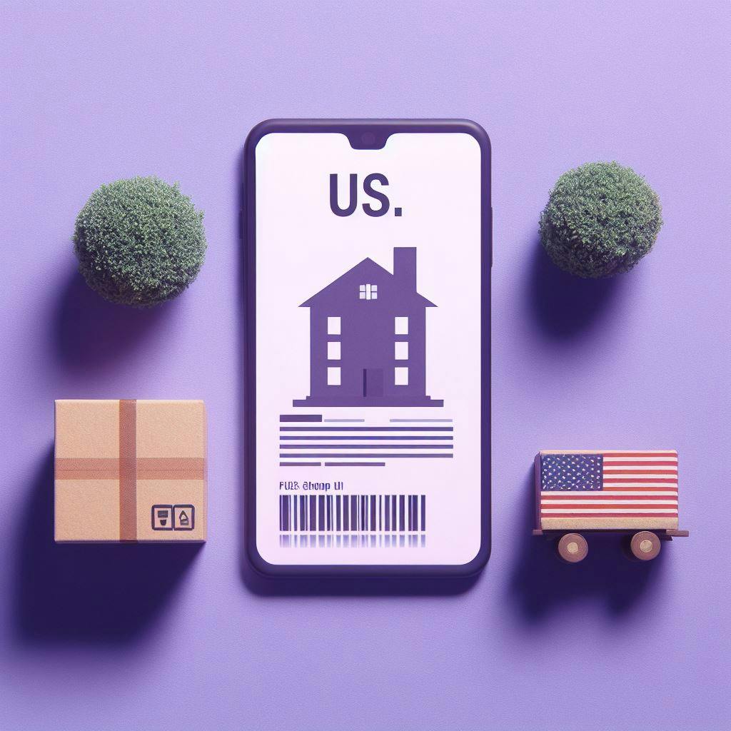 A phone, one shipping package, 2 minimalist trees and a US flag on a purple background. 