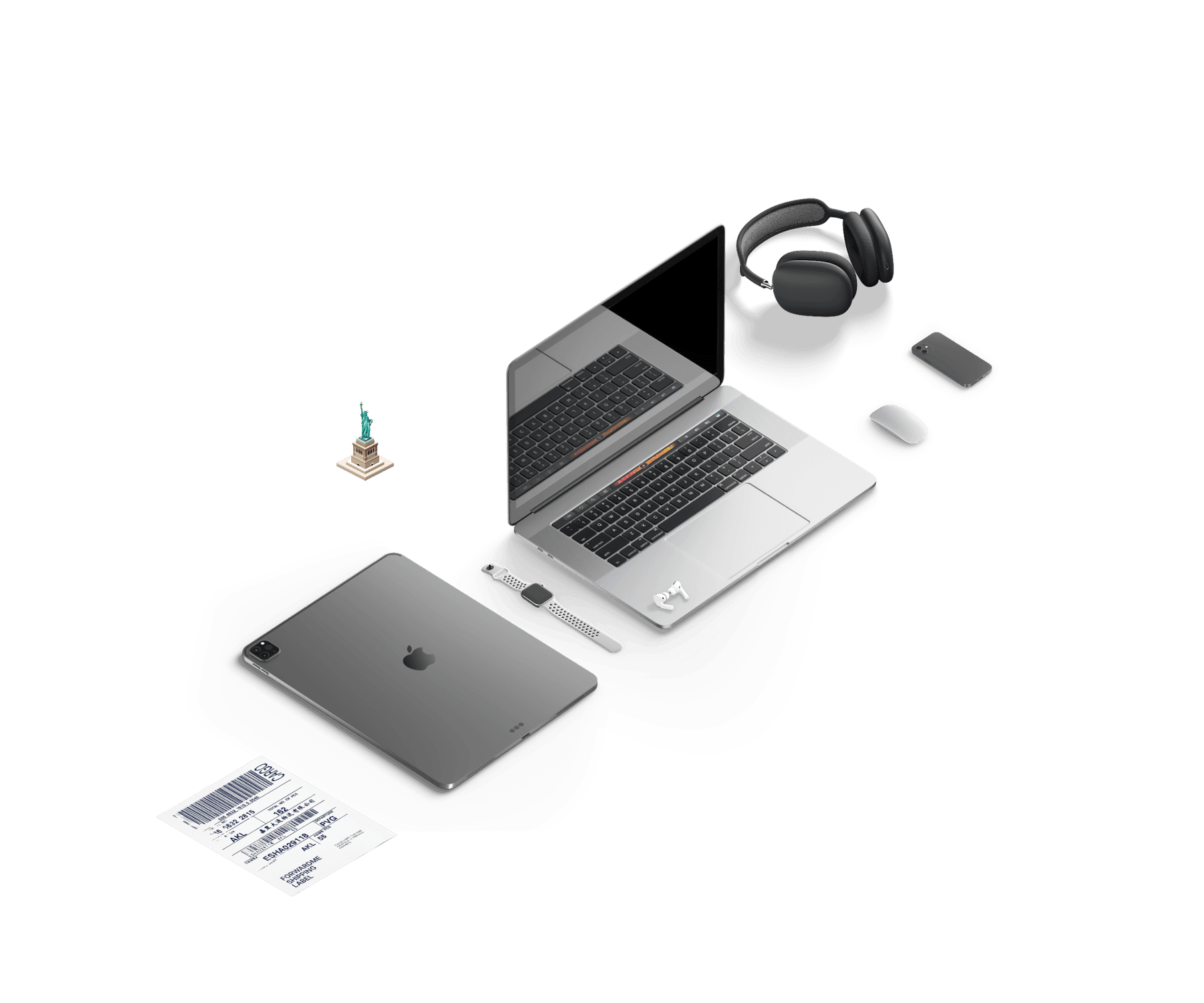 Ekranda özgürlük heykeli, iPad, MacBook, AirPod Max, ve iPhone bulunmaktadır