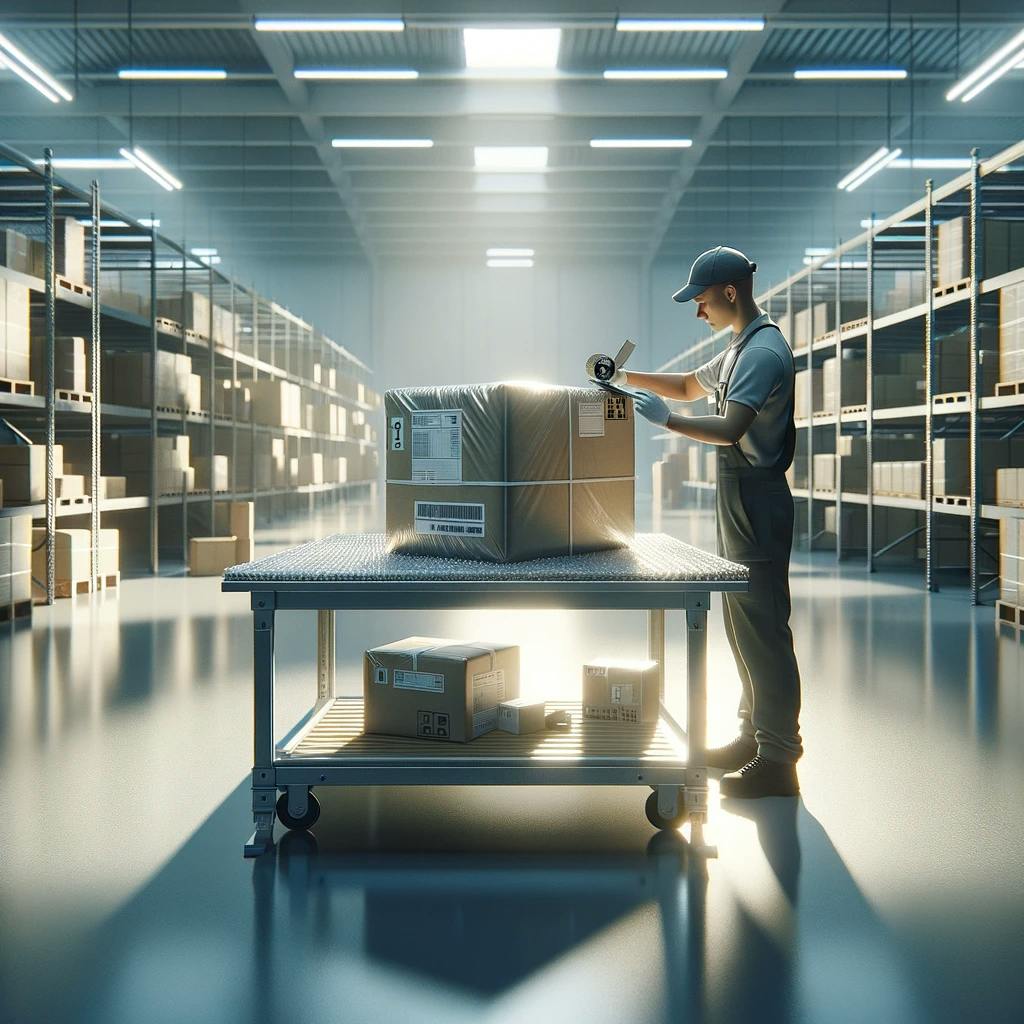 A worker preparing a package to be shipped internationally. 