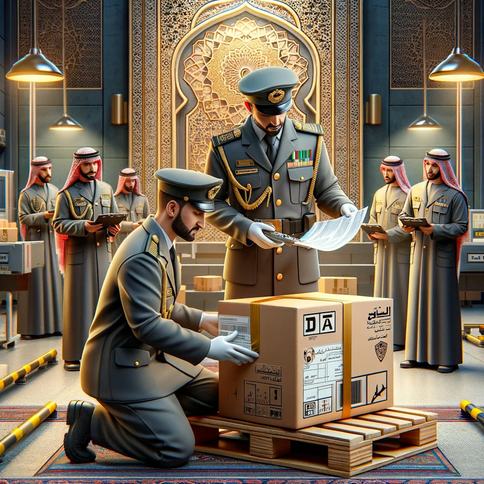 a package shipped to the UAE being inspected by customs officers