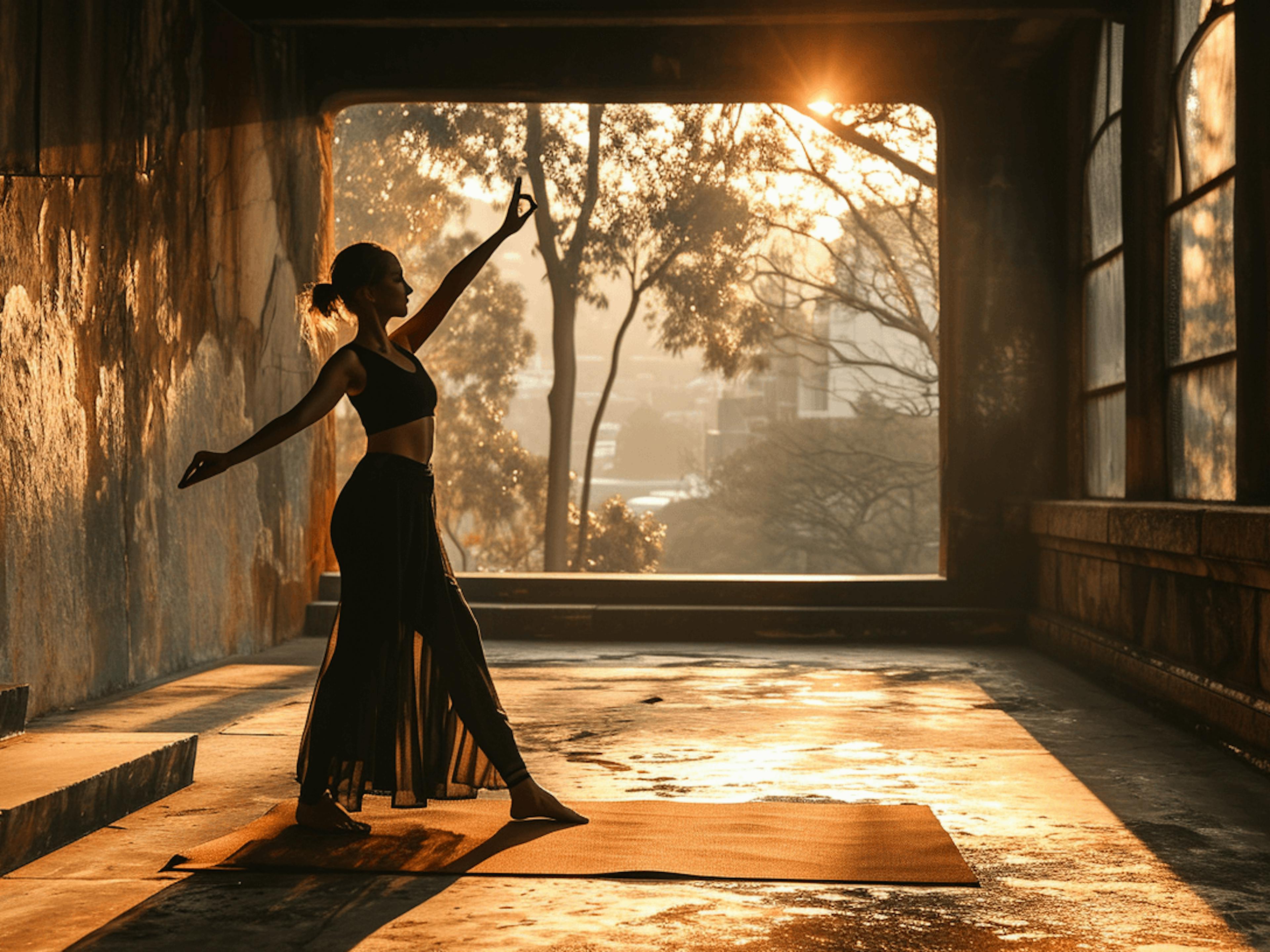 girl doing yoga at sunset in the building, in the style of post-apocalyptic backdrops