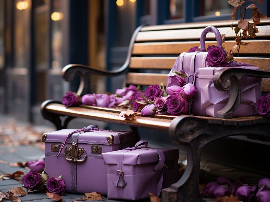 Purple packages beautifully arranged on bench