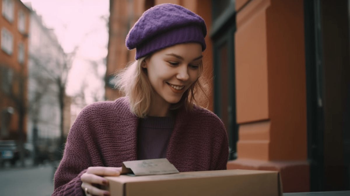 A young girl wearing a purple hat is smiling with joy as she receives a package in her hands.