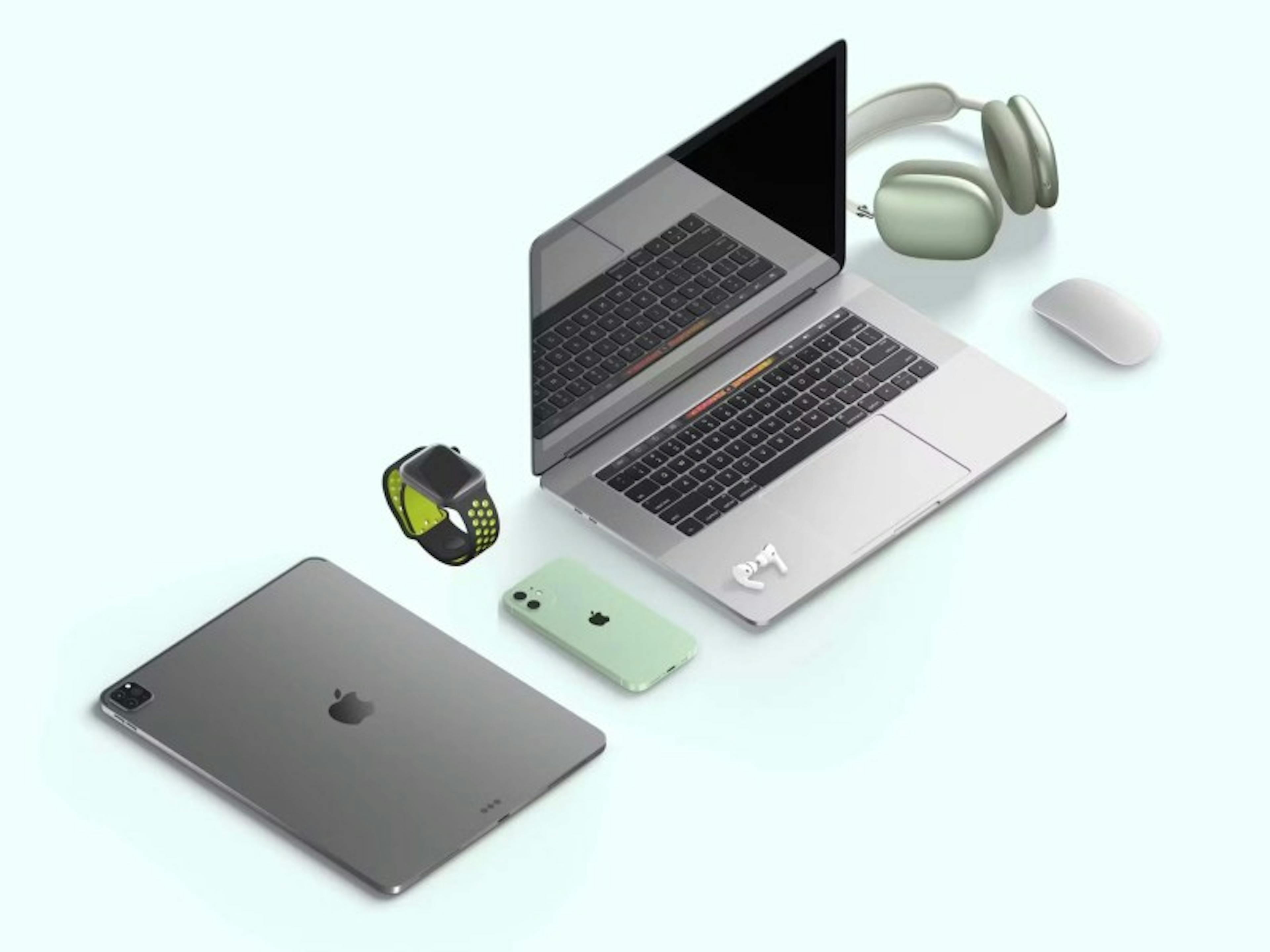 Different kinds of Apple products on a white background. 