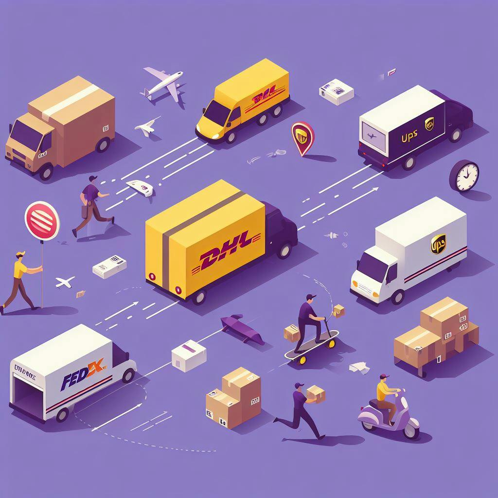 FedEx, DHL and UPS trucks delivered the packages, workers are carrying them to complete the delivery. FedEx, DHL and UPS trucks delivered the packages, workers are carrying them to complete the delivery.