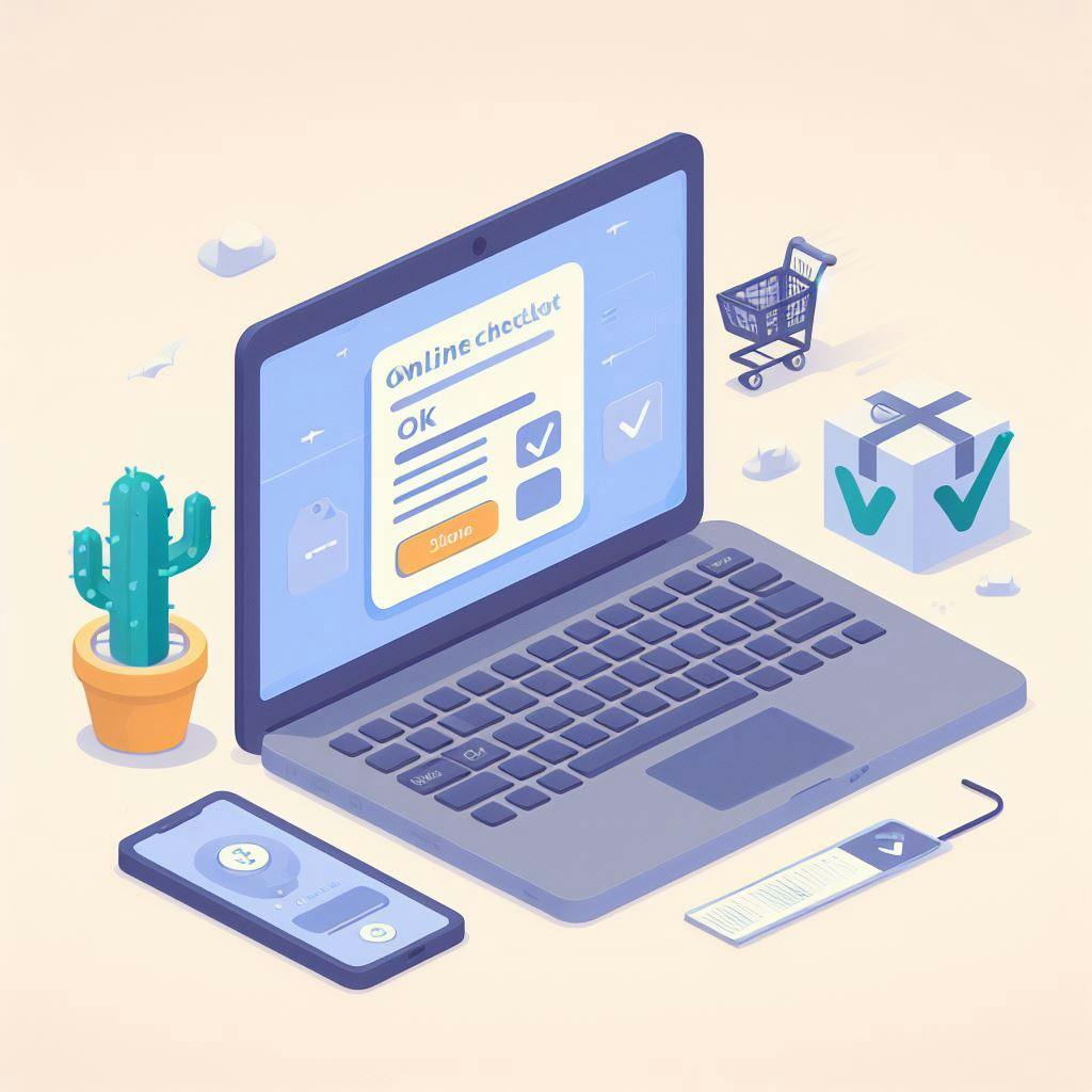 A laptop, mobile phone, shopping cart, package and a cactus in one background. A laptop, mobile phone, shopping cart, package and a cactus in one background.