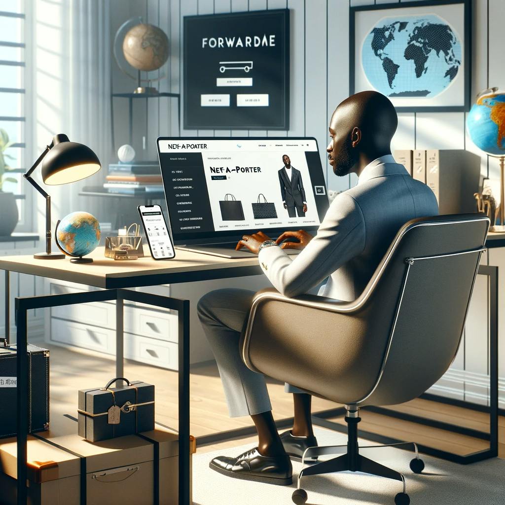 a person shopping online from Net-a-Porter and arranging international shipping with Forwardme services. a person shopping online from Net-a-Porter and arranging international shipping with Forwardme services.