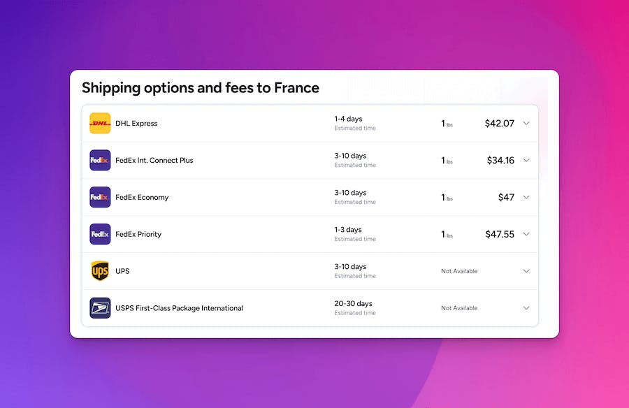 Shipping options and fees to France by FedEx, DHL Express, USPS, UPS