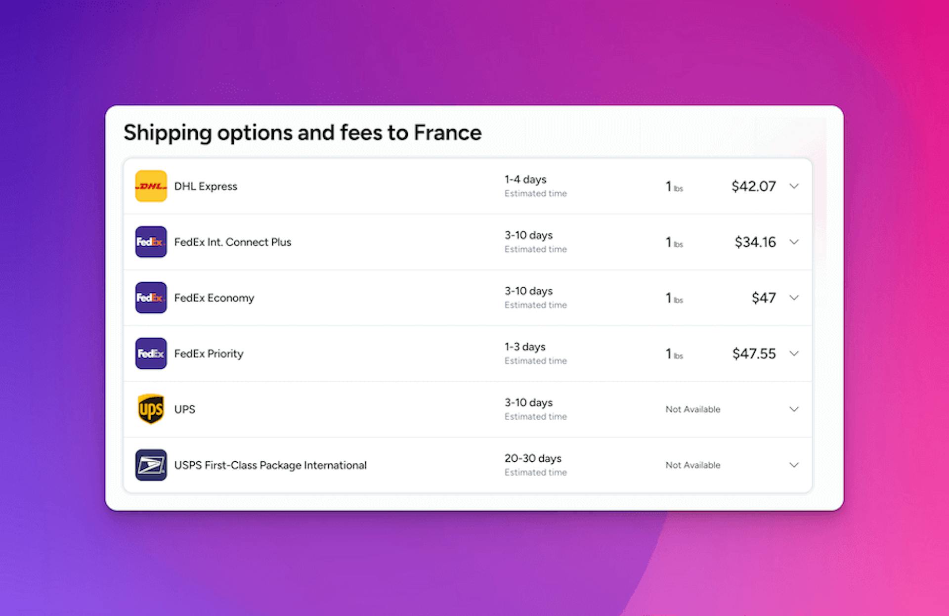 Shipping options and fees to France by FedEx, DHL Express, USPS, UPS
