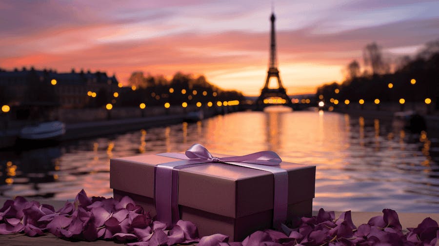 Gift boxes with ribbons are placed near the storefronts, surrounded by vibrant mounds of red and purple flowers. Gift boxes with ribbons are placed near the storefronts, surrounded by vibrant mounds of red and purple flowers.