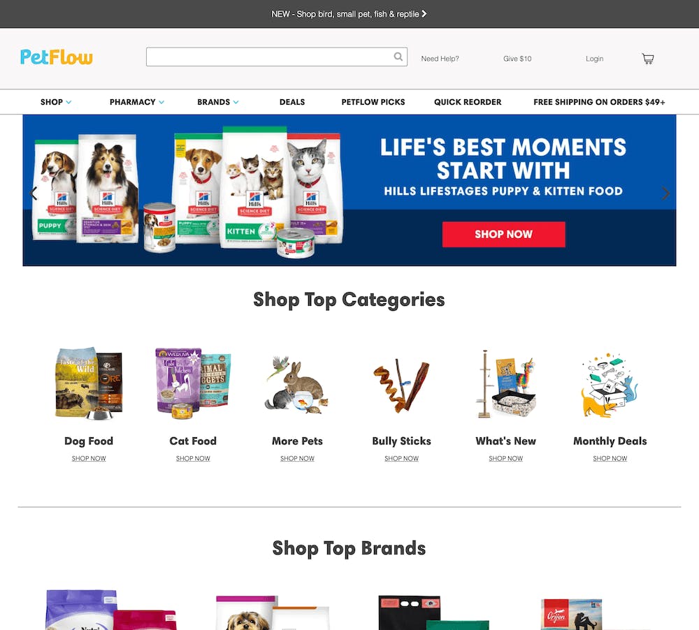 a page showing Petflow's online pet store