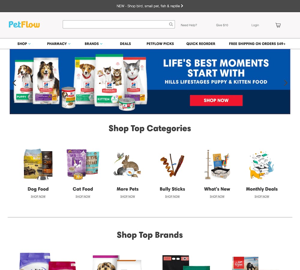 a page showing Petflow's online pet store a page showing Petflow's online pet store